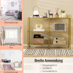 Konsolentisch aus Glas mit 3 Ebenen 100 cm langer Couchtisch Gold