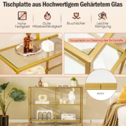 Konsolentisch aus Glas mit 3 Ebenen 100 cm langer Couchtisch Gold