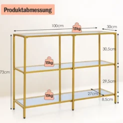 Konsolentisch aus Glas mit 3 Ebenen 100 cm langer Couchtisch Gold