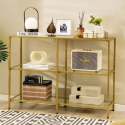 Konsolentisch aus Glas mit 3 Ebenen 100 cm langer Couchtisch Gold