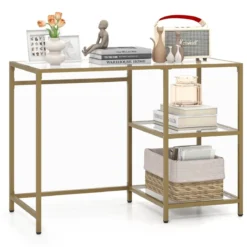 Konsolentisch aus Glas mit 2 Regalen & Metallgestell Sofatisch 106 x 51 x 76 cm Gold