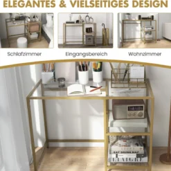 Konsolentisch aus Glas mit 2 Regalen & Metallgestell Sofatisch 106 x 51 x 76 cm Gold