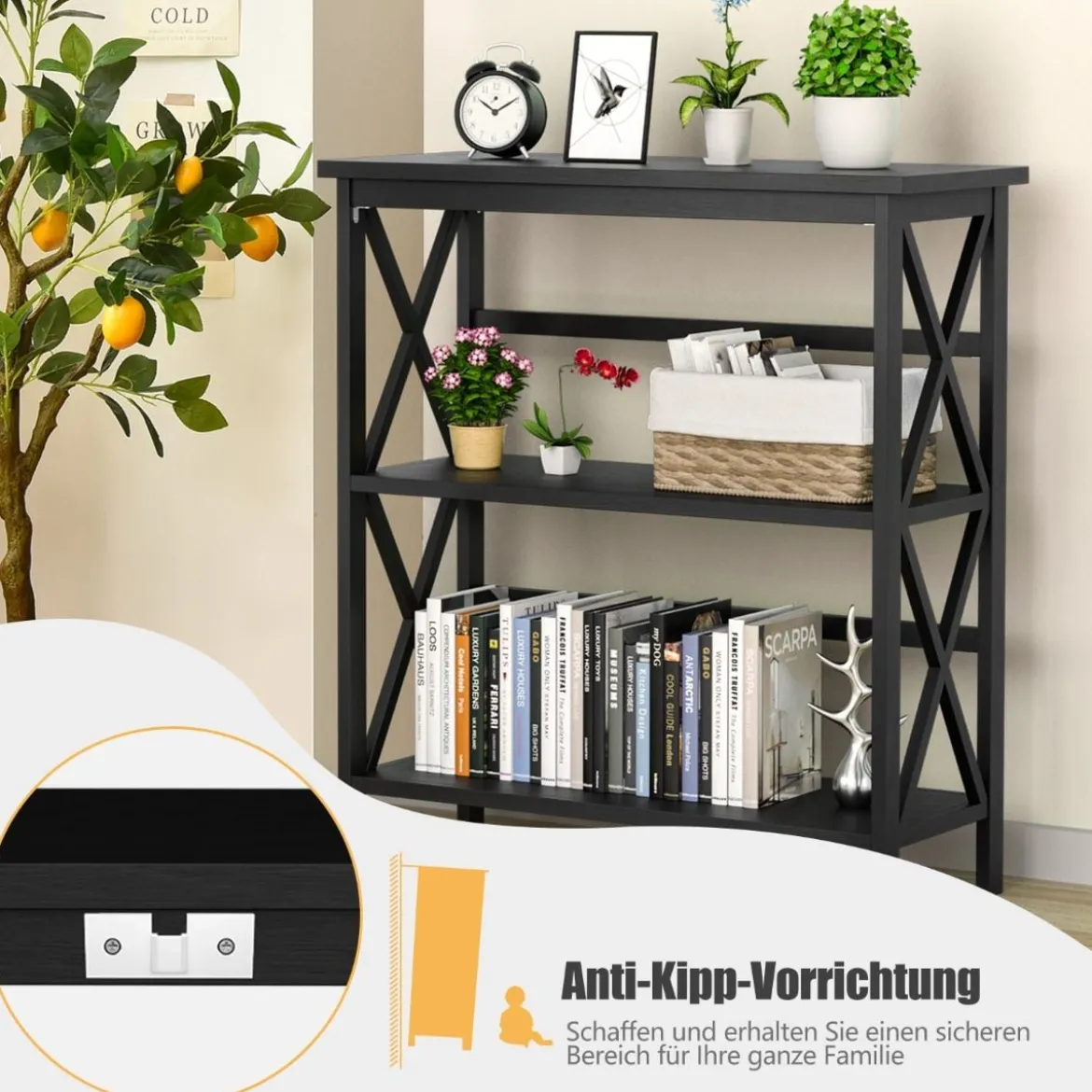 Konsolentisch aus Holz mit Kippschutz & Stabilem Rahmen Moderner Beistelltisch 79 x 32 x 86 cm Schwarz
