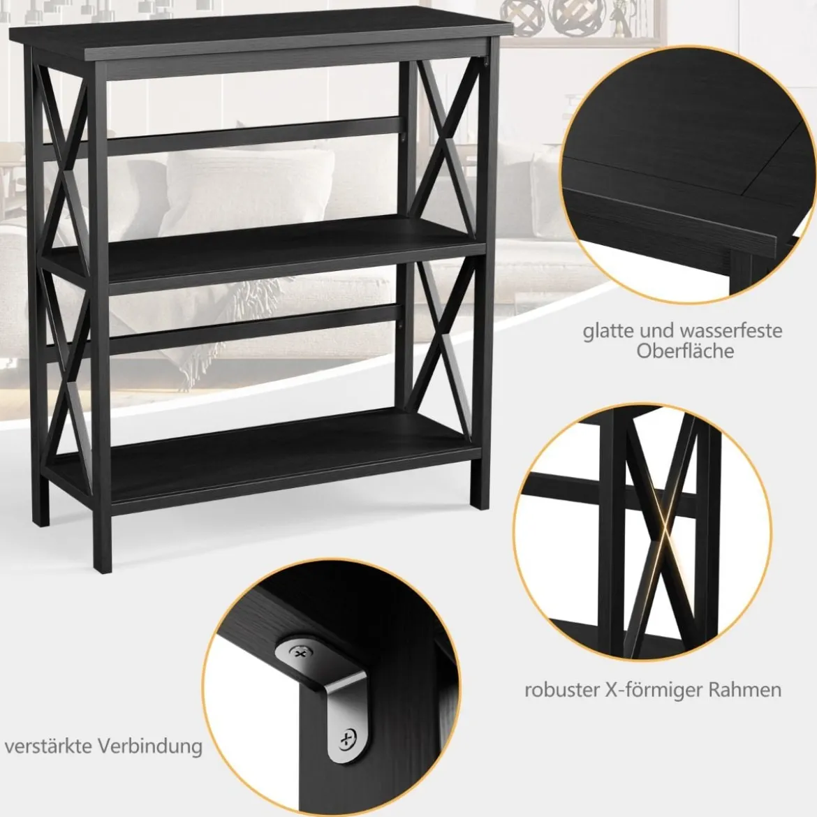 Konsolentisch aus Holz mit Kippschutz & Stabilem Rahmen Moderner Beistelltisch 79 x 32 x 86 cm Schwarz