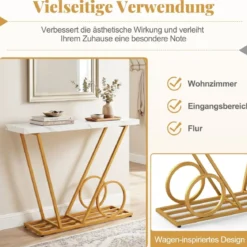 Konsolentisch 100cm moderner Einlagetisch mit Marmor-Optik und Wagen-inspiriertem Design Beistelltisch Weiß