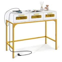 Konsolentisch Eingangstisch mit LED-Lichtern & Ladestation schmaler Sofatisch Weiß 90 x 40 x 75 cm