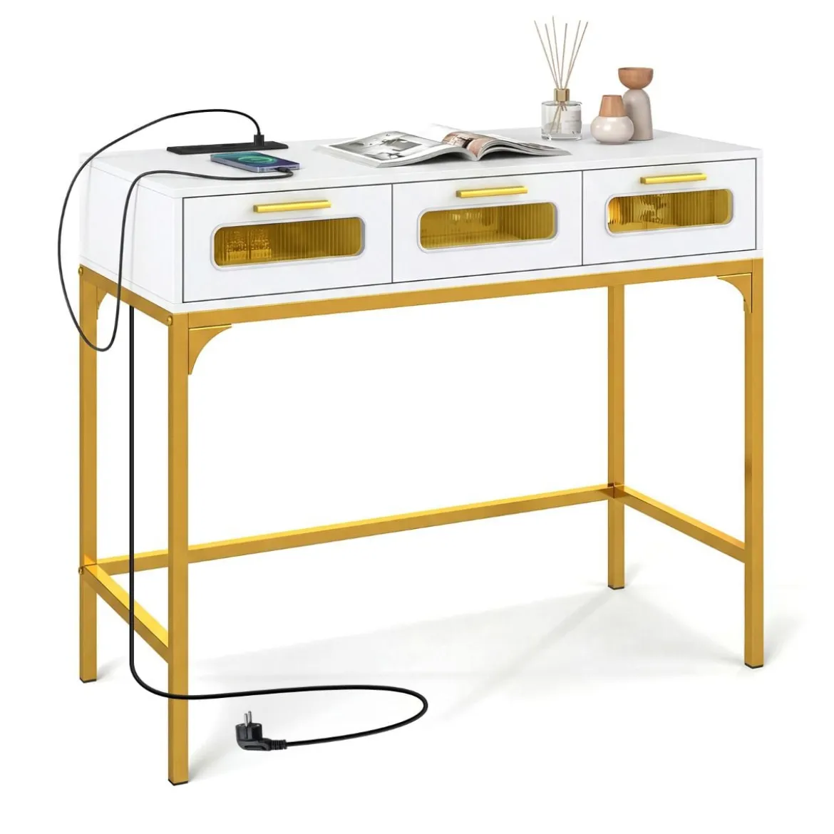 Konsolentisch Eingangstisch mit LED-Lichtern & Ladestation schmaler Sofatisch Weiß 90 x 40 x 75 cm