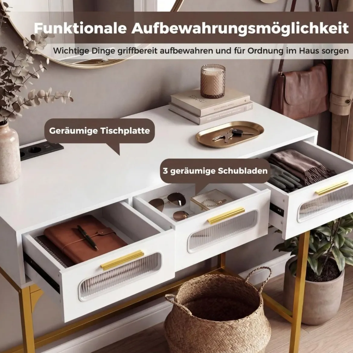 Konsolentisch Eingangstisch mit LED-Lichtern & Ladestation schmaler Sofatisch Weiß 90 x 40 x 75 cm