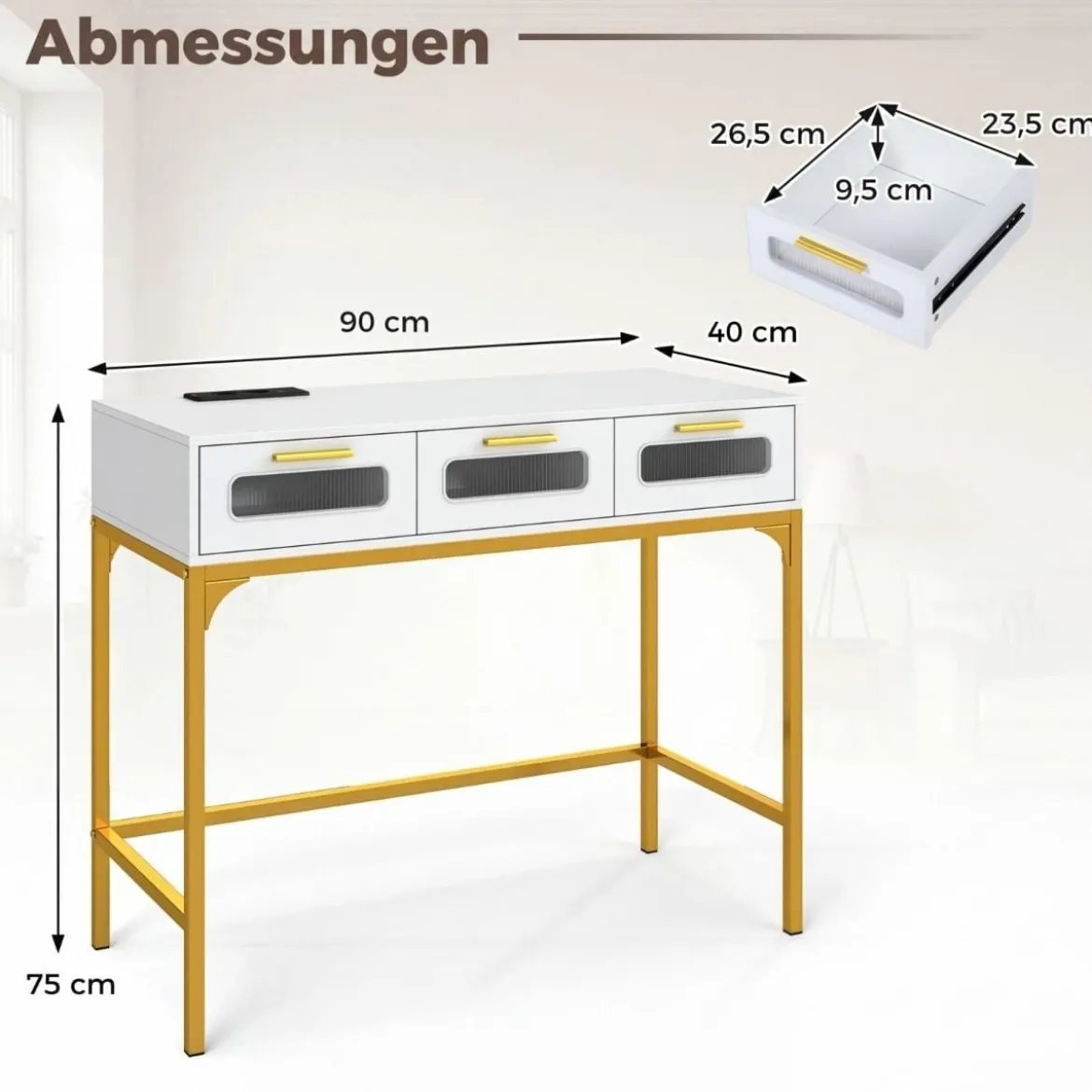 Konsolentisch Eingangstisch mit LED-Lichtern & Ladestation schmaler Sofatisch Weiß 90 x 40 x 75 cm
