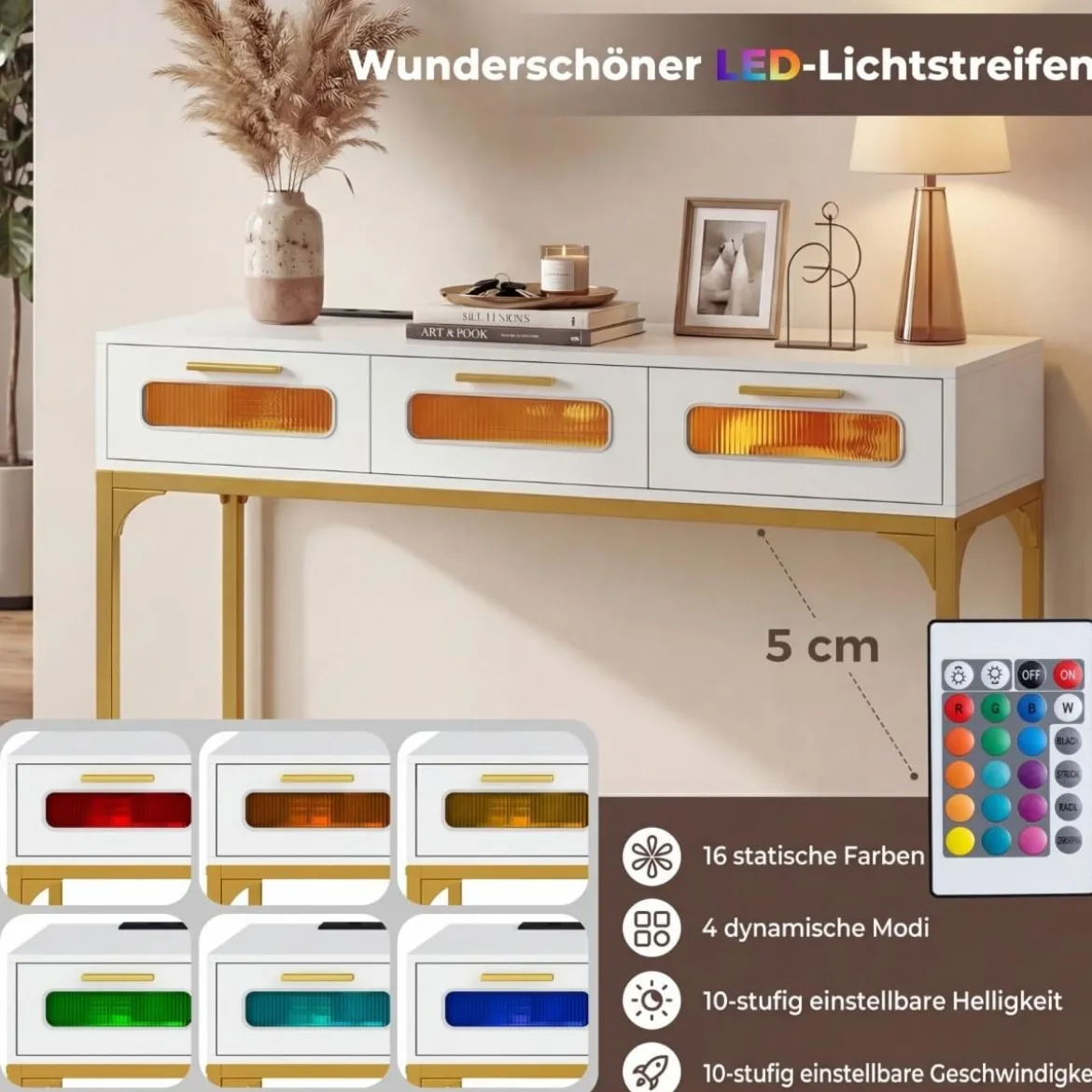 Konsolentisch Eingangstisch mit LED-Lichtern & Ladestation schmaler Sofatisch Weiß 90 x 40 x 75 cm