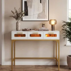 Konsolentisch Eingangstisch mit LED-Lichtern & Ladestation schmaler Sofatisch Weiß 90 x 40 x 75 cm