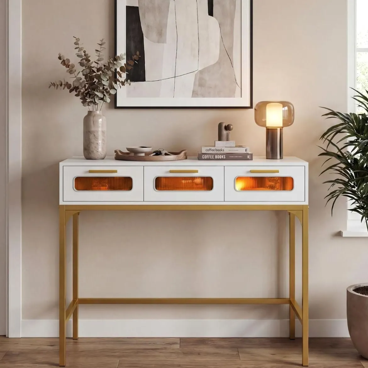 Konsolentisch Eingangstisch mit LED-Lichtern & Ladestation schmaler Sofatisch Weiß 90 x 40 x 75 cm