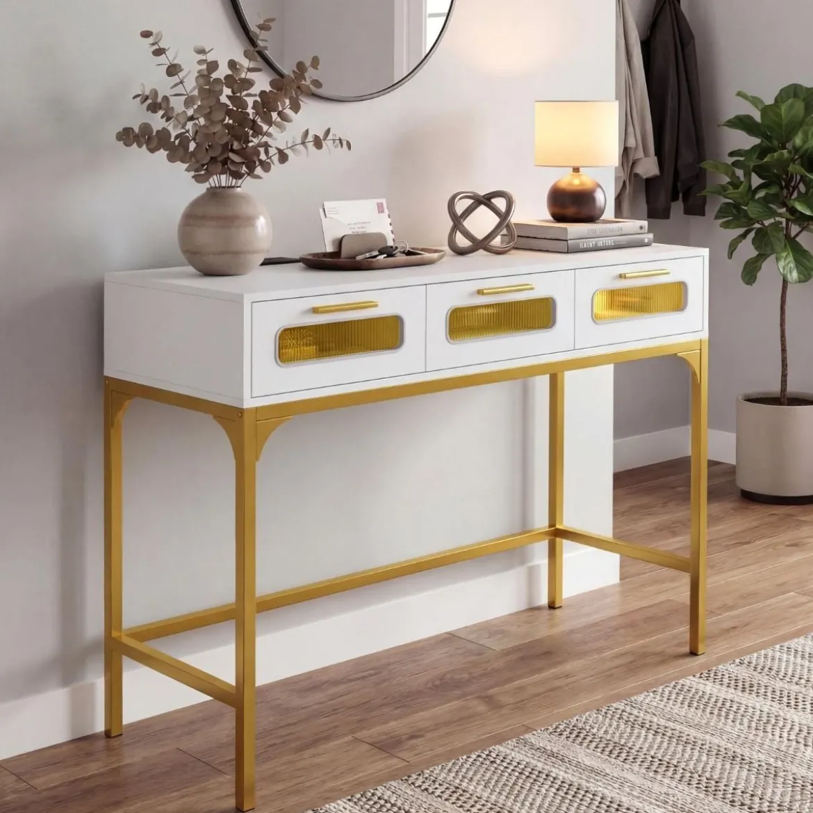 Konsolentisch Eingangstisch mit LED-Lichtern & Ladestation schmaler Sofatisch Weiß 90 x 40 x 75 cm