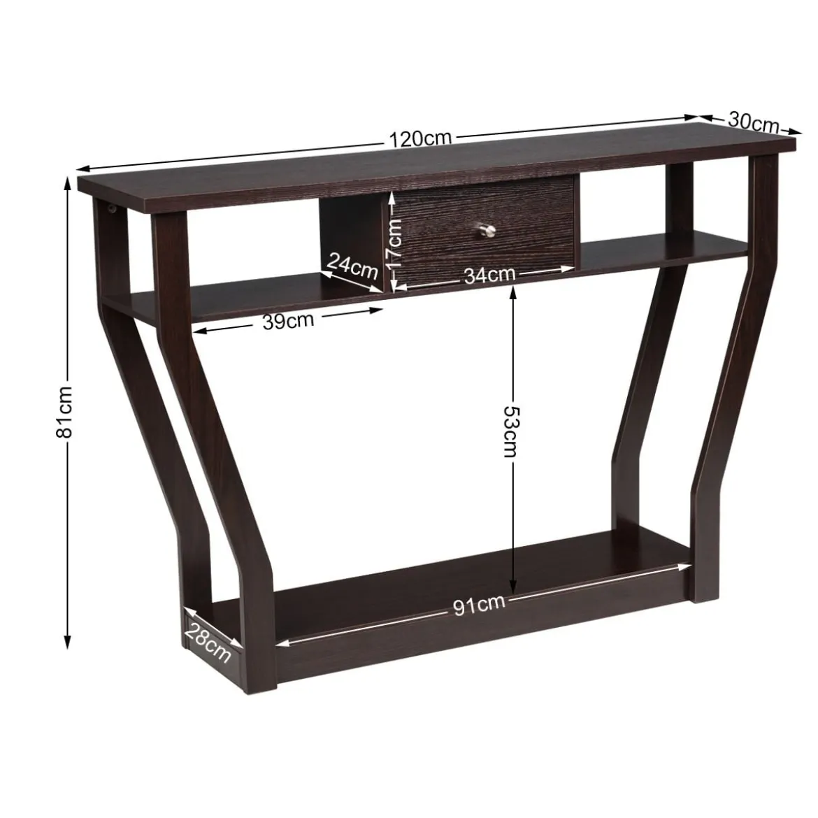 Konsolentisch Flurtisch mit Schublade und Regal 120 x 30 x 81 cm Braun