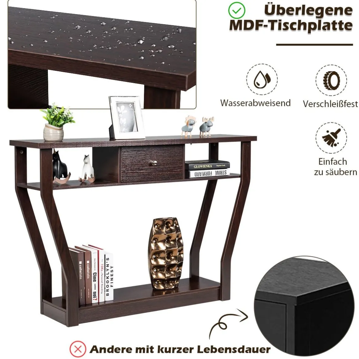 Konsolentisch Flurtisch mit Schublade und Regal 120 x 30 x 81 cm Braun