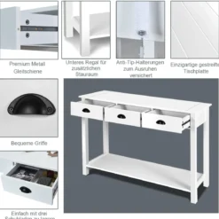 Konsolentisch Industrie Design Beistelltisch mit 3 Schubladen Ablage Beistelltisch Weiß