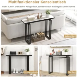 Konsolentisch Mamor Optik mit Metallrahmen Kippsicherung & verstellbaren Fußpolstern Flurtisch 110 x 30 x 81 cm Weiß + Schwarz