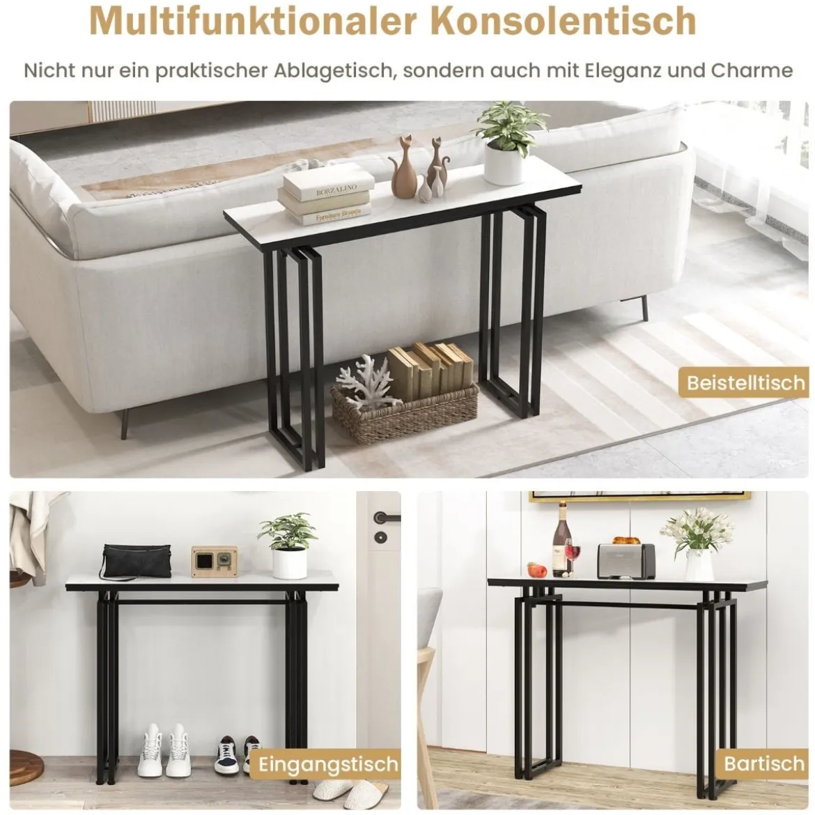Konsolentisch Mamor Optik mit Metallrahmen Kippsicherung & verstellbaren Fußpolstern Flurtisch 110 x 30 x 81 cm Weiß + Schwarz