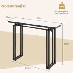 Konsolentisch Mamor Optik mit Metallrahmen Kippsicherung & verstellbaren Fußpolstern Flurtisch 110 x 30 x 81 cm Weiß + Schwarz