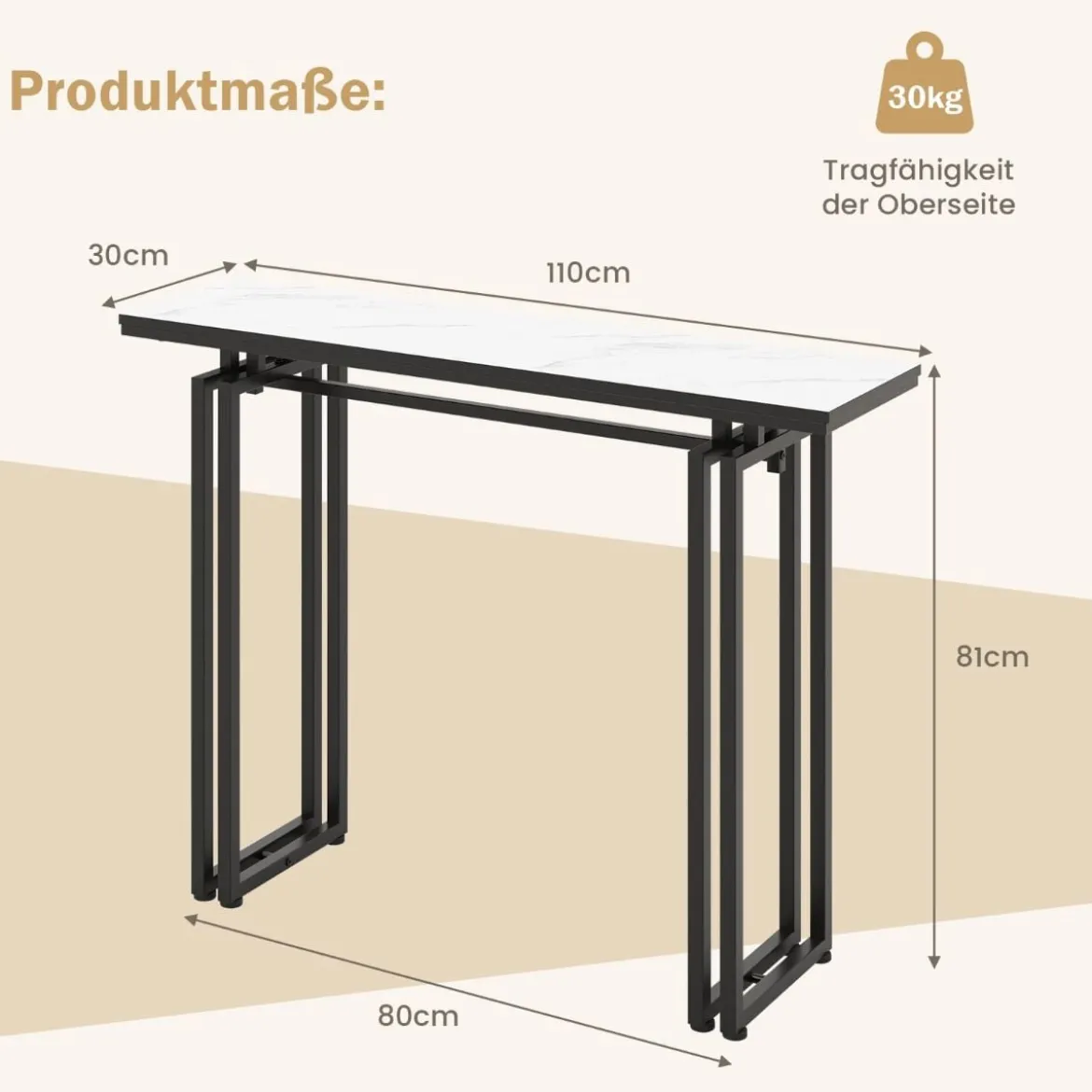 Konsolentisch Mamor Optik mit Metallrahmen Kippsicherung & verstellbaren Fußpolstern Flurtisch 110 x 30 x 81 cm Weiß + Schwarz