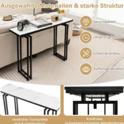 Konsolentisch Mamor Optik mit Metallrahmen Kippsicherung & verstellbaren Fußpolstern Flurtisch 110 x 30 x 81 cm Weiß + Schwarz