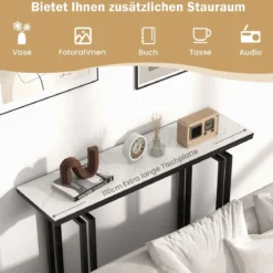 Konsolentisch Mamor Optik mit Metallrahmen Kippsicherung & verstellbaren Fußpolstern Flurtisch 110 x 30 x 81 cm Weiß + Schwarz