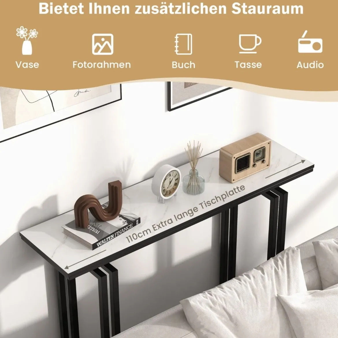 Konsolentisch Mamor Optik mit Metallrahmen Kippsicherung & verstellbaren Fußpolstern Flurtisch 110 x 30 x 81 cm Weiß + Schwarz