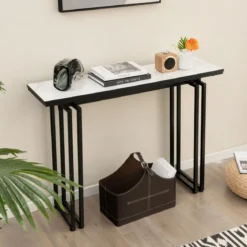 Konsolentisch Mamor Optik mit Metallrahmen Kippsicherung & verstellbaren Fußpolstern Flurtisch 110 x 30 x 81 cm Weiß + Schwarz