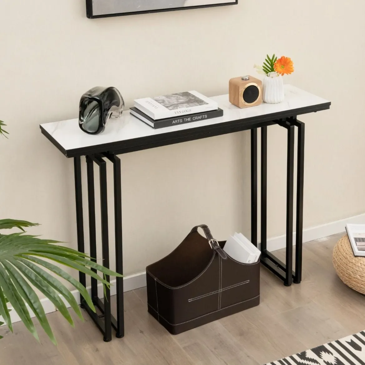 Konsolentisch Mamor Optik mit Metallrahmen Kippsicherung & verstellbaren Fußpolstern Flurtisch 110 x 30 x 81 cm Weiß + Schwarz