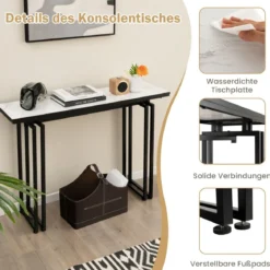 Konsolentisch Mamor Optik mit Metallrahmen Kippsicherung & verstellbaren Fußpolstern Flurtisch 110 x 30 x 81 cm Weiß + Schwarz