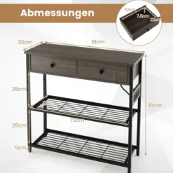 Konsolentisch mit Ladestation Flurtisch mit 2 Schubladen & 2 Metallgitterablagen Grau