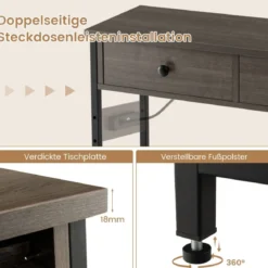 Konsolentisch mit Ladestation Flurtisch mit 2 Schubladen & 2 Metallgitterablagen Grau