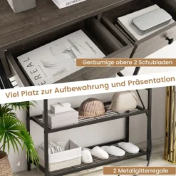 Konsolentisch mit Ladestation Flurtisch mit 2 Schubladen & 2 Metallgitterablagen Grau