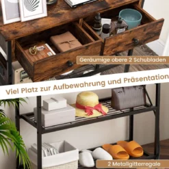Konsolentisch mit Ladestation & 2 Schubladen Flurtisch Eingangstisch mit USB & TypeC-Anschlüssen
