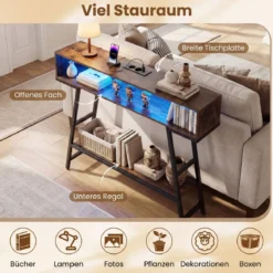 Konsolentisch mit LED-Beleuchtung & Ladestation 3-stufiger Flurtisch Schmaler Sofatisch Rostbraun