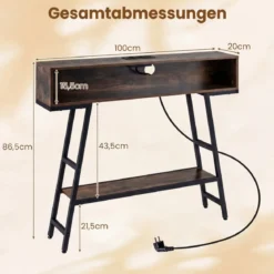 Konsolentisch mit LED-Beleuchtung & Ladestation 3-stufiger Flurtisch Schmaler Sofatisch Rostbraun