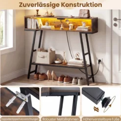 Konsolentisch mit LED-Beleuchtung & Ladestation 3-stufiger Flurtisch Schmaler Sofatisch Rostbraun