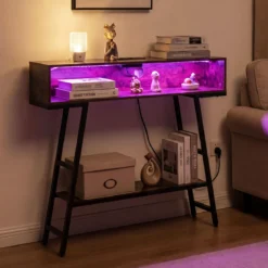 Konsolentisch mit LED-Beleuchtung & Ladestation 3-stufiger Flurtisch Schmaler Sofatisch Rostbraun