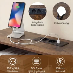 Konsolentisch mit LED-Beleuchtung & Ladestation 3-stufiger Flurtisch Schmaler Sofatisch Rostbraun
