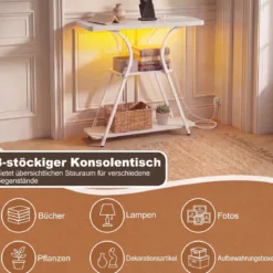 Konsolentisch mit LED-Beleuchtung und Ladestation Schmaler Flurtisch mit 3 Ablage Rustikalbraun/Weiß
