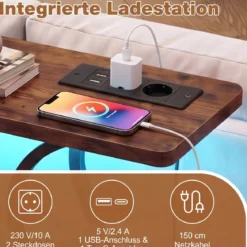 Konsolentisch mit LED-Beleuchtung und Ladestation Schmaler Flurtisch mit 3 Ablage Rustikalbraun/Weiß