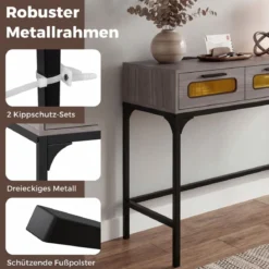Konsolentisch Mit LED Licht Ladestation Steckdosen USB Schubladen Für Wohnzimmer Flur Grau