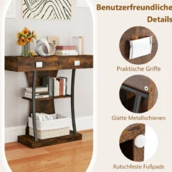 Konsolentisch mit 2 Schubladen Eingangstisch aus Holz mit 2 Ablagen 91 x 30 x 87 cm Rustikales Braun