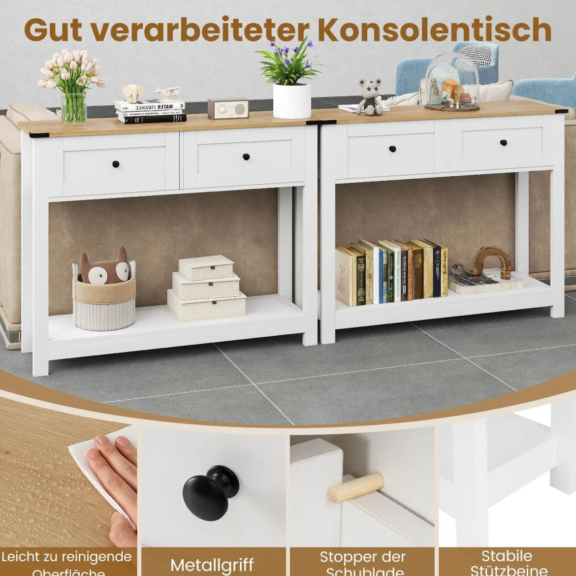 Konsolentisch mit 2 Schubladen & Ablage Schmaler Beistelltisch Moderner Flurtisch Weiß
