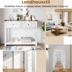 Konsolentisch mit 2 Schubladen & Ablage Schmaler Beistelltisch Moderner Flurtisch Weiß
