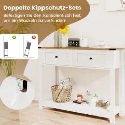 Konsolentisch mit 2 Schubladen & Ablage Schmaler Beistelltisch Moderner Flurtisch Weiß