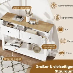 Konsolentisch mit 2 Schubladen & Ablage Schmaler Beistelltisch Moderner Flurtisch Weiß