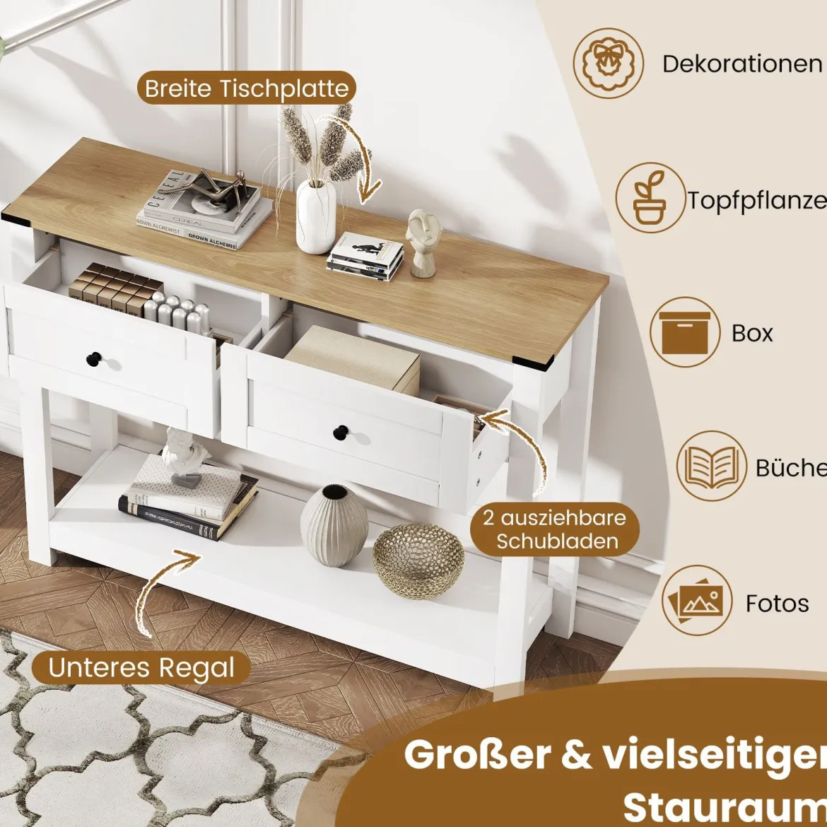 Konsolentisch mit 2 Schubladen & Ablage Schmaler Beistelltisch Moderner Flurtisch Weiß