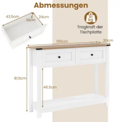 Konsolentisch mit 2 Schubladen & Ablage Schmaler Beistelltisch Moderner Flurtisch Weiß
