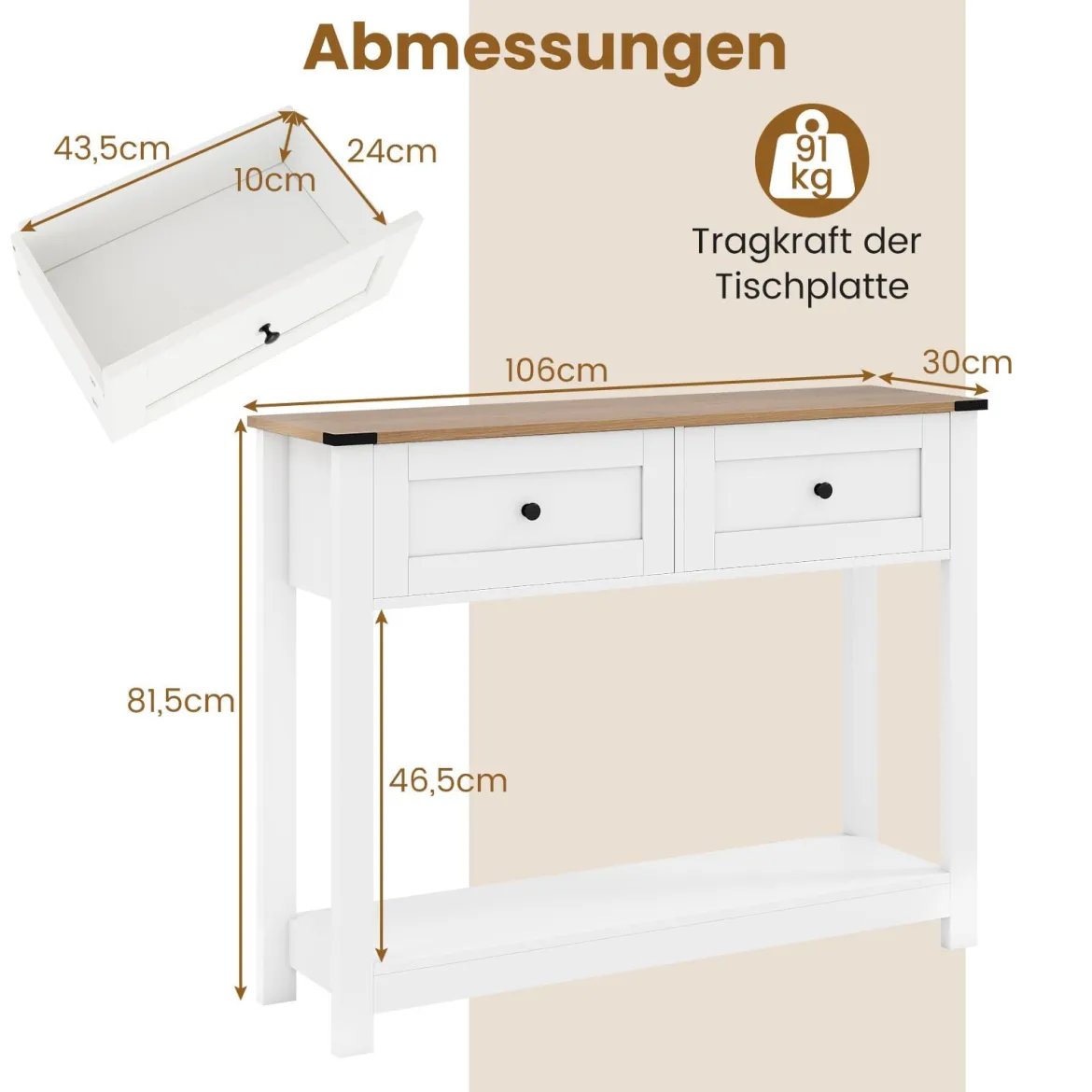 Konsolentisch mit 2 Schubladen & Ablage Schmaler Beistelltisch Moderner Flurtisch Weiß